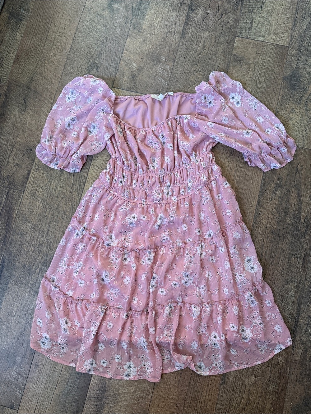 Girls Pink Floral Tiered Puff-Sleeve Dress with Smocked Waist